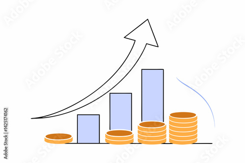 Clean vector showing a rising bar chart with an upward arrow and gold coin stacks, isolated on a white background with generous negative space below and to the left. Flat and minimalistic style
