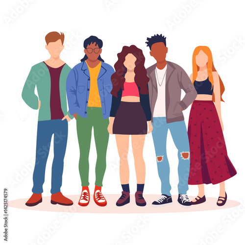 A group of diverse young and stylish friends isolated on a white background. A team of multicultural and trendy college students standing together in equality and diversity