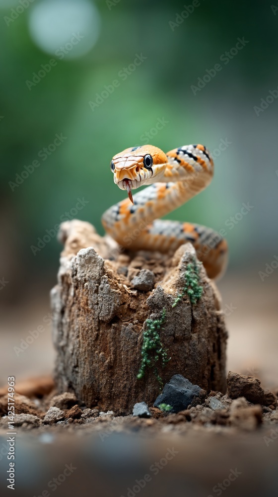 A small, orange snake curls on a tree stump in nature, looking alert A small, orange snake curls on a tree stump in nature, looking alert