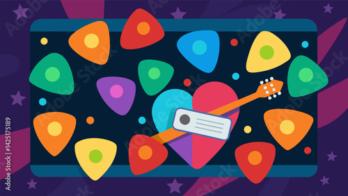 A card adorned with colorful guitar picks each representing a discount or freebie that loyal customers can redeem at the bar. Vector illustration