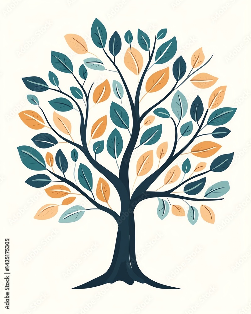Obraz premium A beautifully illustrated tree featuring vibrant leaves in shades of green and orange, symbolizing growth and nature's beauty.