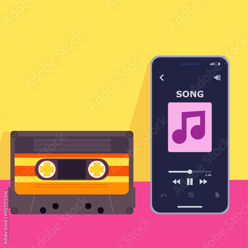 A vintage cassette tape next to a music app on a smart phone for the concept of old vs new technology. A comparison of retro audio from the 90s and a modern, online streaming service in the 2000s