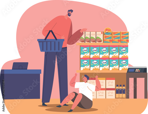 Father, crying son at supermarket