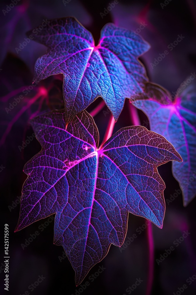 Luminous, vibrant leaves with intricate vein patterns glow in shades of blue and purple against a dark background. A captivating, otherworldly botanical close-up
