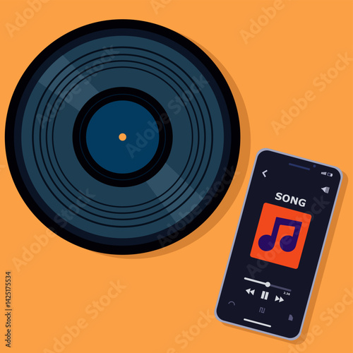 A vintage vinyl record next to a music app on a smart phone for the concept of old vs new technology. A comparison of retro audio from the 90s and UI of a modern, online streaming service in the 2000s