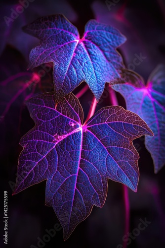 Luminous, vibrant leaves with intricate vein patterns glow in shades of blue and purple against a dark background. A captivating, otherworldly botanical close-up
