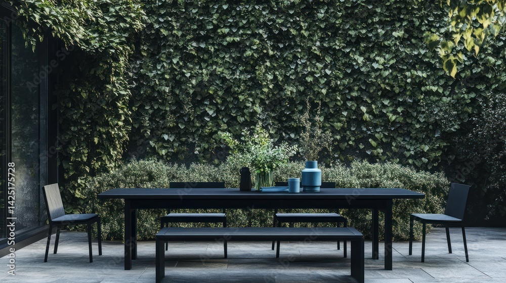 Modern outdoor dining setting, leafy wall backdrop, patio Modern outdoor dining setting, leafy wall backdrop, patio