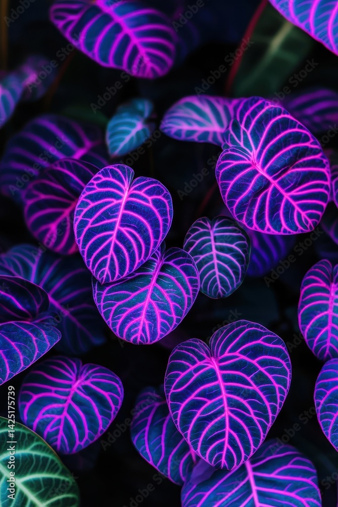 Vibrant, neon pink veins illuminate lush, dark green leaves in a captivating botanical display. A striking, otherworldly plant portrait