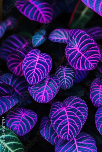 Vibrant, neon pink veins illuminate lush, dark green leaves in a captivating botanical display. A striking, otherworldly plant portrait
