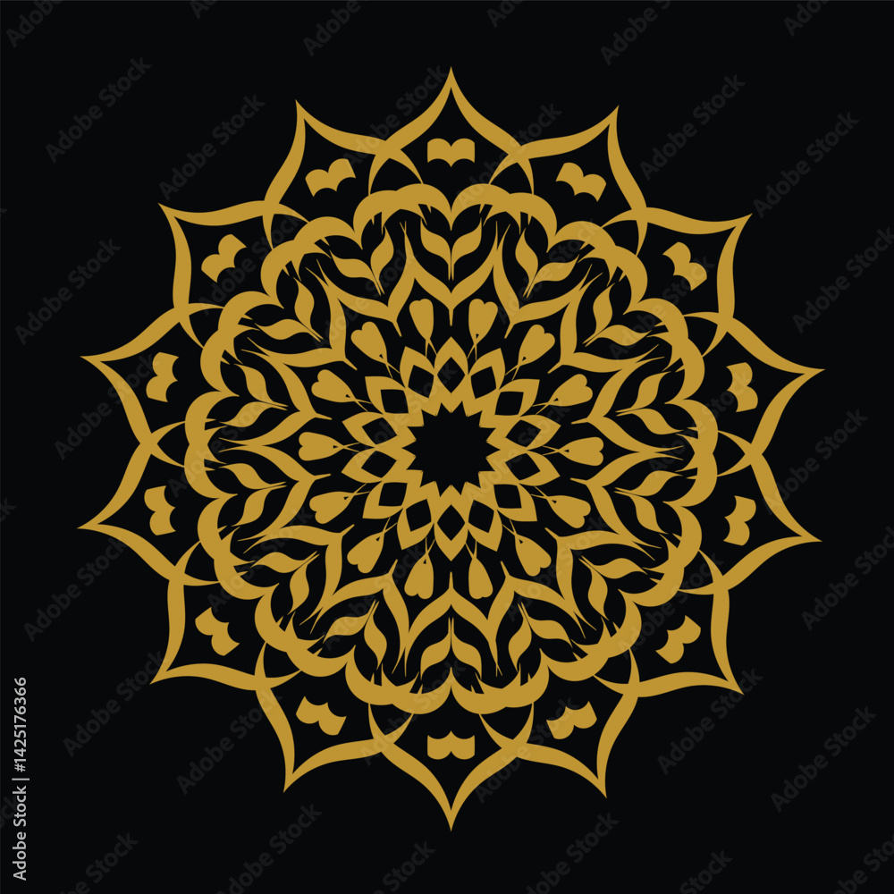 Golden Ornamental Mandala Design Isolated on Black Background
