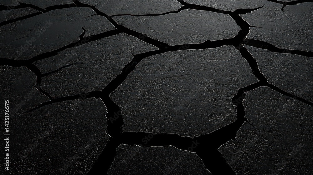 Dark, cracked surface resembling dry earth or fractured stone. Dramatic, textured, and monochromatic