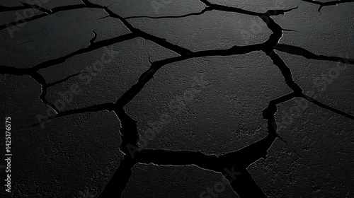 Dark, cracked surface resembling dry earth or fractured stone. Dramatic, textured, and monochromatic