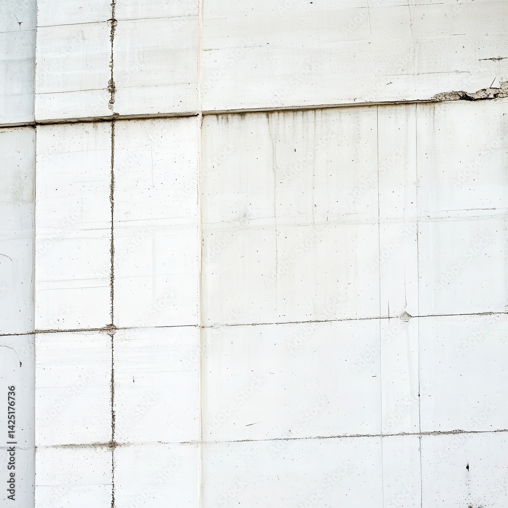 Textured white concrete wall with visible grid lines and subtle imperfections. Minimalist, architectural detail