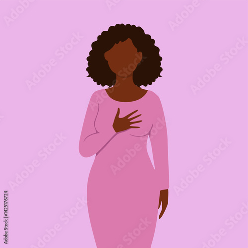 A black woman feeling her heart beat with her hand isolated on a pastel background. A person holding her chest in care, love and support for herself