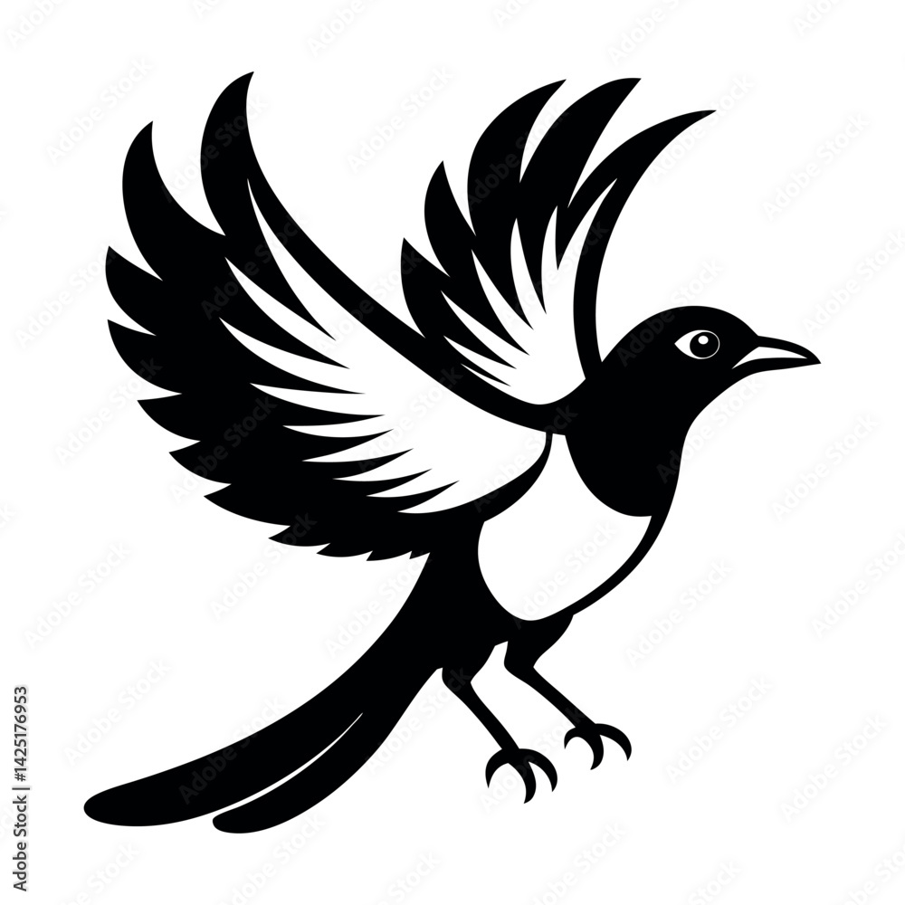 Obraz premium Silhouette of a bird in flight with wings spread, vector illustration featuring a raven or crow, depicting nature and wildlife, with simple, clean lines and a black design