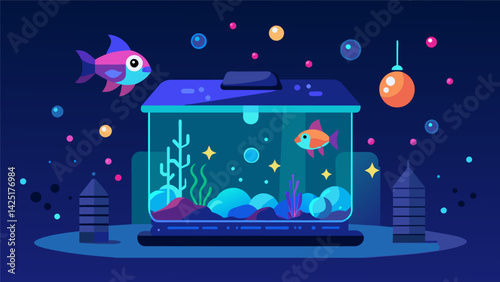 A programmable underwater fish tank equipped with lights bubbles and interactive toys creating a magical aquatic playground for curious and playful. Vector illustration