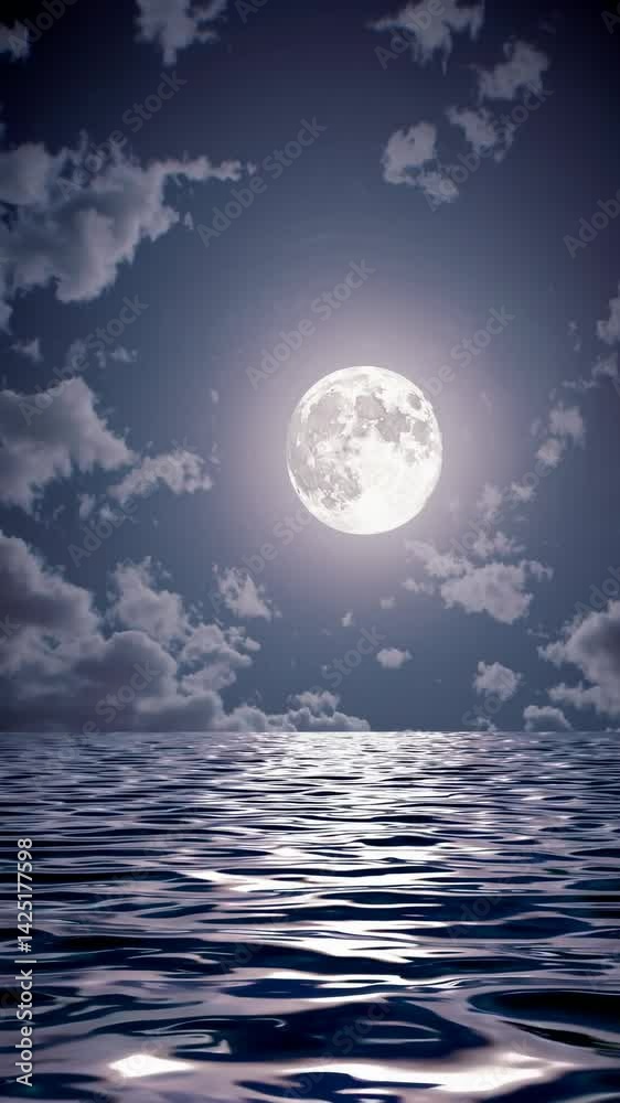 A serene video concept with a low-angle view of a full moon reflecting on rippling water, surrounded by scattered clouds in a tranquil night sky. Live mobile wallpaper.