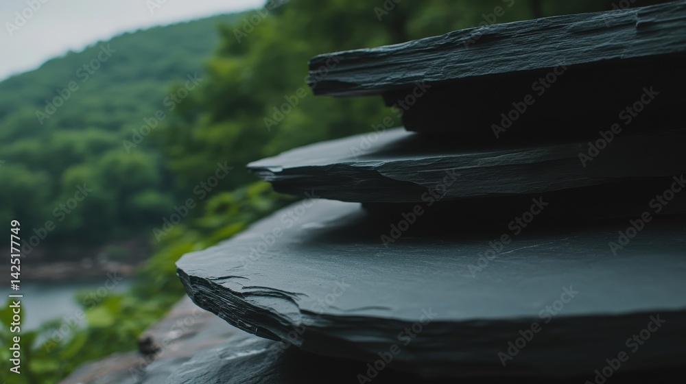 Layered slate stones rise against a blurred, lush green forest backdrop, creating a textured, natural composition