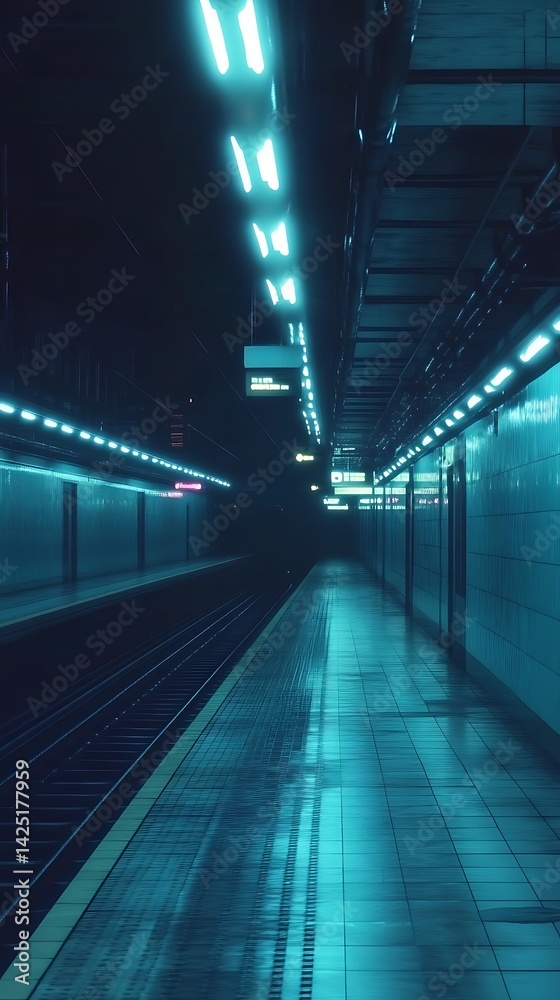A dimly lit subway station with glowing blue lights and reflective tiles. A dimly lit subway station with glowing blue lights and reflective tiles.