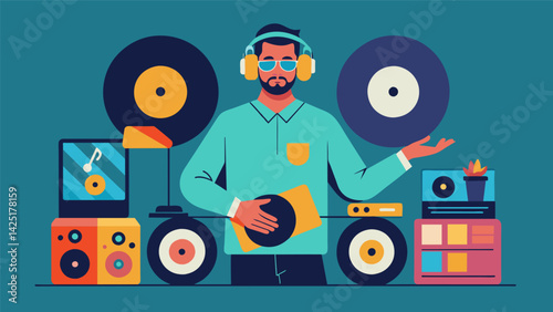 A DJ shows off his impressive vinyl collection spanning various genres as he curates a unique and dynamic playlist for the silent disco. Vector illustration