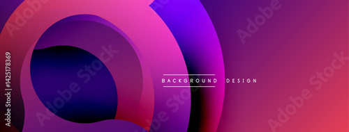 Abstract gradient shapes overlap creating dynamic composition. Vivid purple, pink hues dominate design. Modern aesthetic suitable backgrounds, presentations.