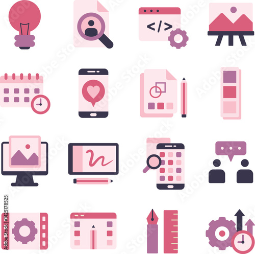 Creative Process illustration set. Includes of idea, design, sketch, concept, plan, and More. Vector flat color collection