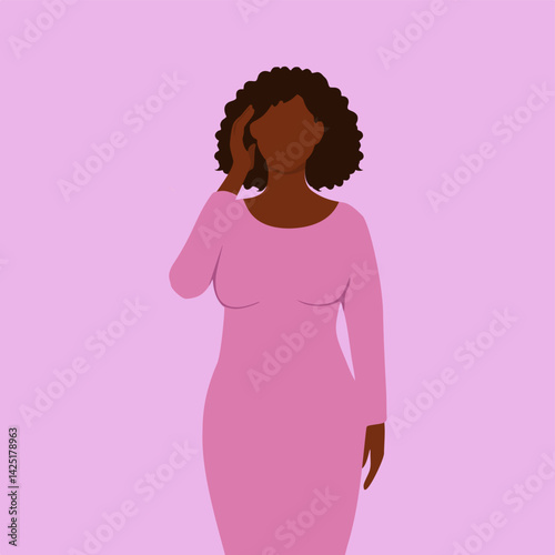 A sad black woman with a headache from stress, ill health or crisis needing care and wellness. Tired person feeling hurt, pain and an ache in her head due to anxiety, depression and a chronic concern