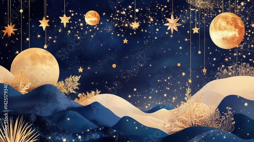 Decorative retro banner with abstract night sky theme in gold and dark blue