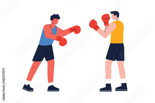 Boxing sport flat vector illustration. Two Boxers professional athletes in sparring