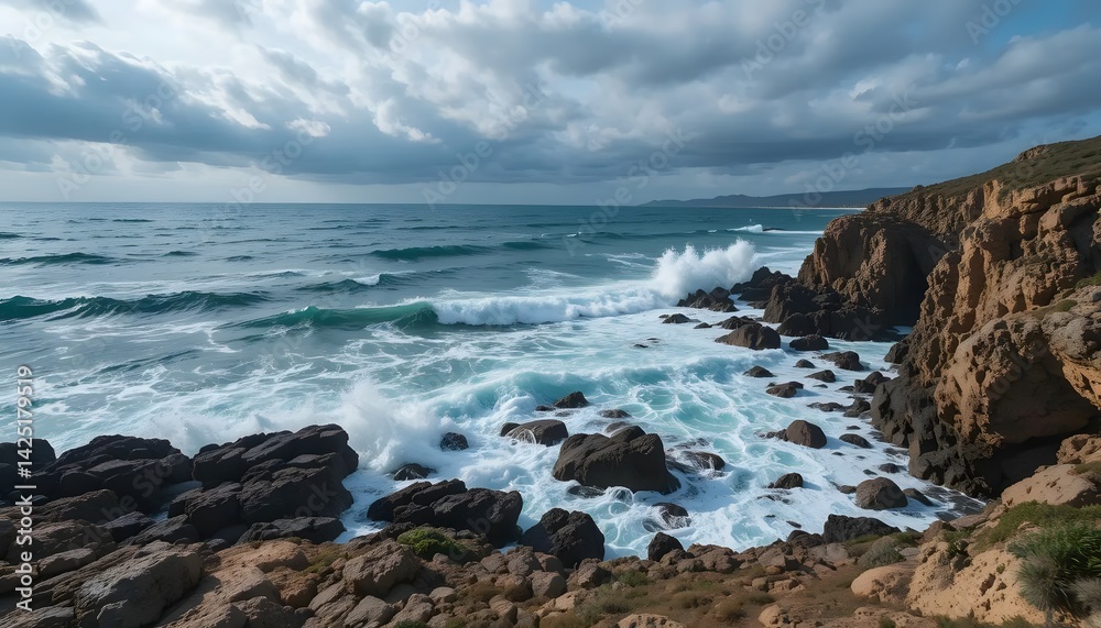Crashing Waves on Rocky Coastline Under Dramatic Cloudy Sky Nature Crashing Waves on Rocky Coastline Under Dramatic Cloudy Sky Nature
