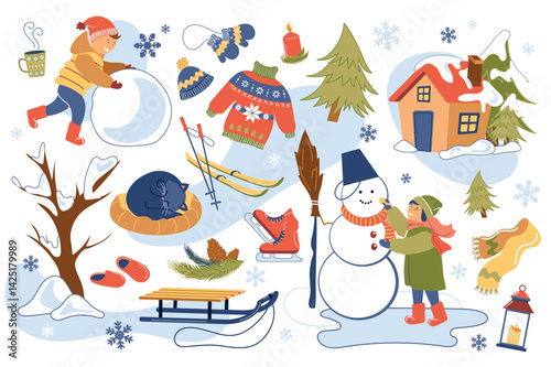 Winter Fun Kids build a snowman cozy scene with house cat and snowcovered landscapes