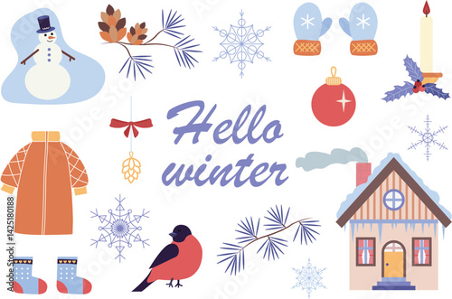Cozy winter scene Snowman bird house  winter accessories surround Hello Winter text