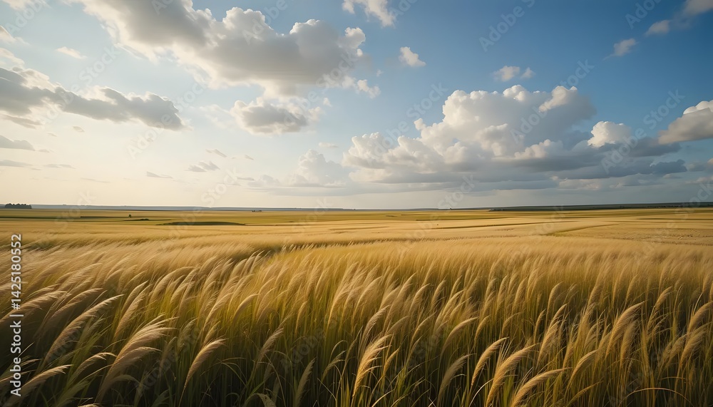 Obraz premium Golden Wheat Field Swaying in Wind Under Blue Sky with Clouds