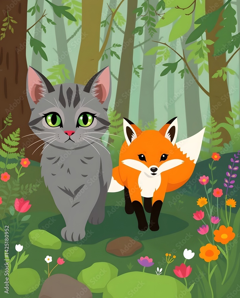 Cat and Fox Friends in Whimsical Forest Scene Cat and Fox Friends in Whimsical Forest Scene