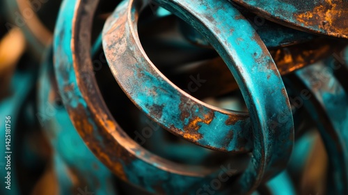 Overlapping Metal Rings with Blue-Green Patina and Rust