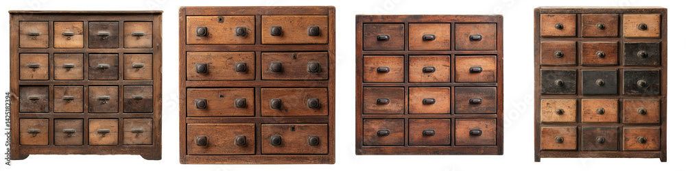 Fototapeta premium Vintage wooden cabinets with multiple drawers for storage and display.