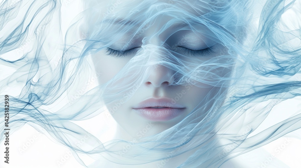 Mental Health Awareness Month A serene portrait of a woman with flowing, ethereal lines surrounding her face.