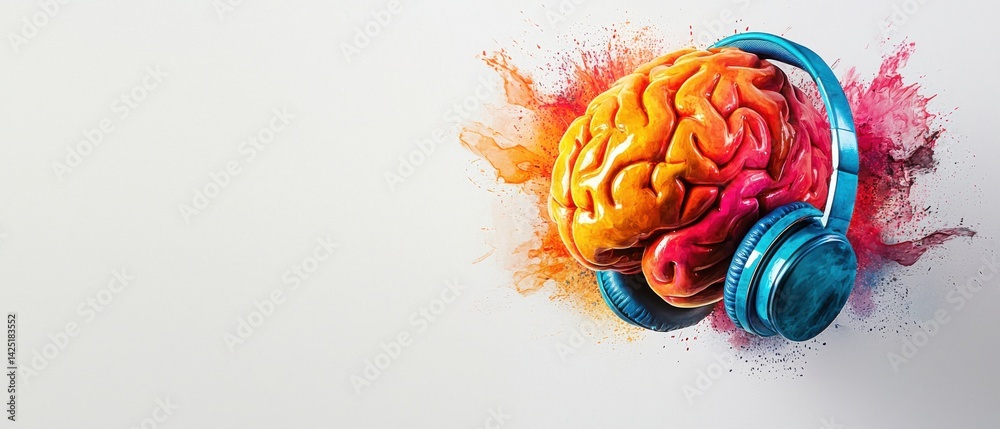 Mental Health Awareness Month Colorful brain illustration with headphones, symbolizing music and creativity.