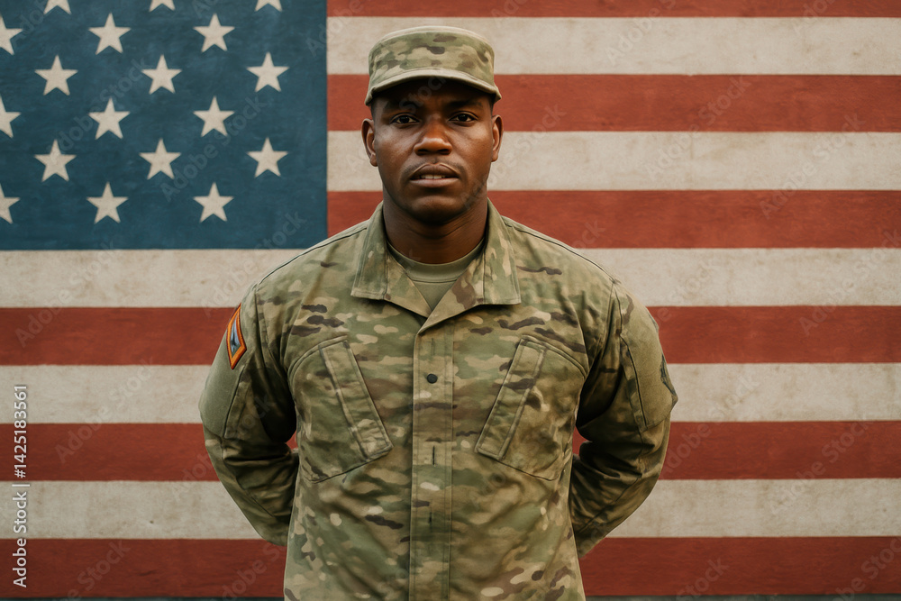Proud military serviceman in uniform standing tall before american flag backdrop Proud military serviceman in uniform standing tall before american flag backdrop