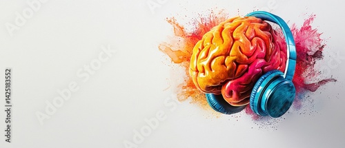 Obraz na płótnie Mental Health Awareness Month Colorful brain illustration with headphones, symbolizing music and creativity. w salonie