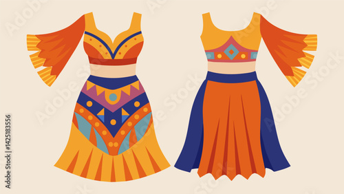 A crop top and skirt set made from recycled curtains adds a touch of bohemian vibes to the runway with its fringe details and colorful patterns.. Vector illustration