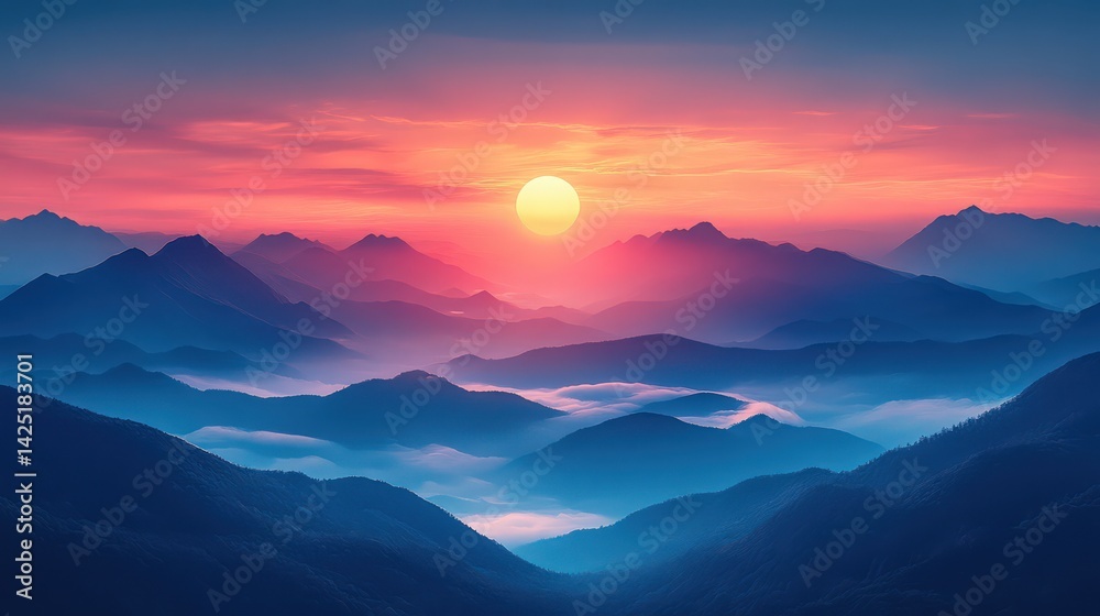 Gradient sunrise illuminates the majestic mountain ranges in vibrant shades Gradient sunrise illuminates the majestic mountain ranges in vibrant shades