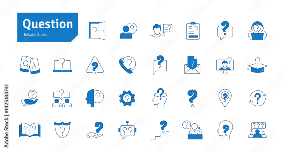Question Blue Line Icon Set. Question Mark, Thinking, Asking, Confusion, Answer, Help, Lost. Editable Stroke Vector Illustration Question Blue Line Icon Set. Question Mark, Thinking, Asking, Confusion, Answer, Help, Lost. Editable Stroke Vector Illustration