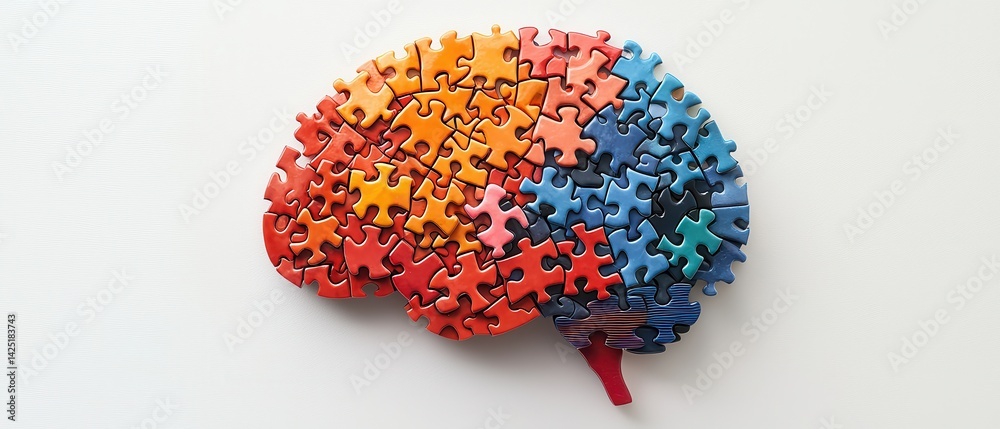 Mental Health Awareness Month Colorful puzzle pieces shaped like a brain, symbolizing creativity and cognitive processes.