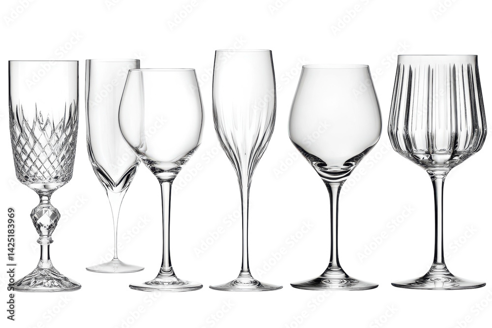 Elegant collection of crystal glassware showcasing diverse styles from classic champagne flutes to sophisticated wine glasses on a black on transparent background Elegant collection of crystal glassware showcasing diverse styles from classic champagne flutes to sophisticated wine glasses on a black on transparent background