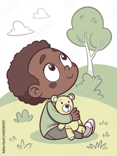Adorable Cartoon Boy with Teddy Bear Looking Up in a Park, Cute Illustration, Child Holding Stuffed Animal