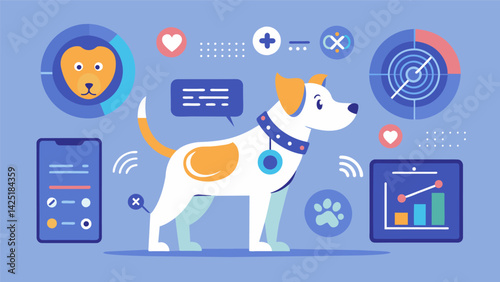 A revolution in pet health tracking providing realtime updates on a pets wellbeing and allowing owners to monitor changes and patterns in their pets. Vector illustration