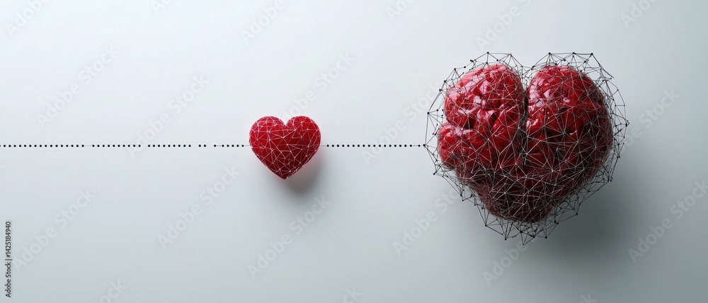 Mental Health Awareness Month A geometric representation of two hearts, one small and one large, connected by a dotted line.