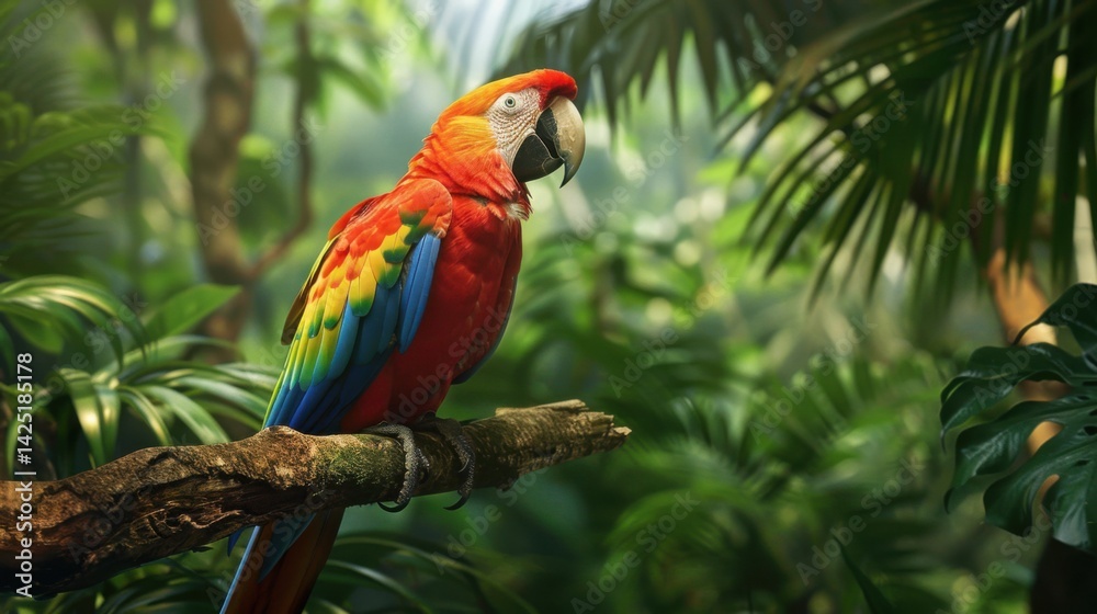 Obraz premium Scarlet Macaw Perched on Branch in Tropical Rainforest
