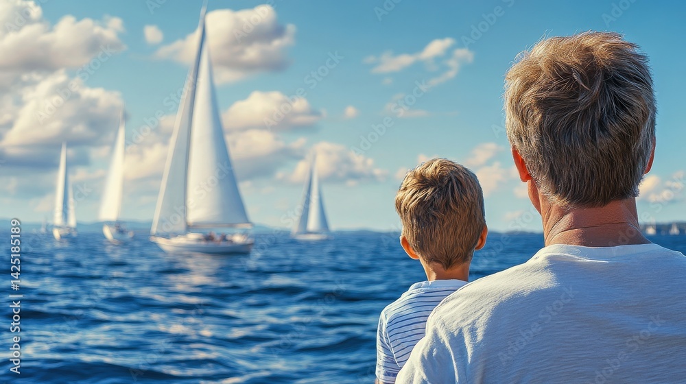 Fototapeta premium Father and son watch sailing competition on a sunny day.